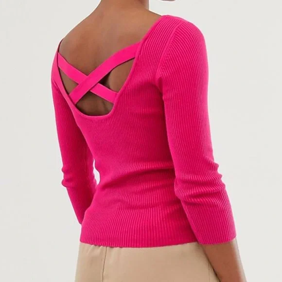 BNWOT Stradivarius Cross-Back Hot Pink Ribbed Sweater - Picture 1 of 4